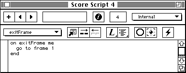 line 1: 'on exitFrame me'; line 2: 'go to frame 1'; line 3: 'end'