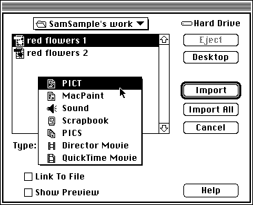 the Import dialog with PICT type selected